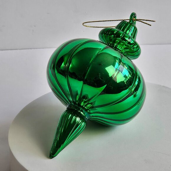 Handblown Green Glass Ornament – 5.75" Tall x 3.5" Wide – Vintage Style Holiday - Picture 6 of 8